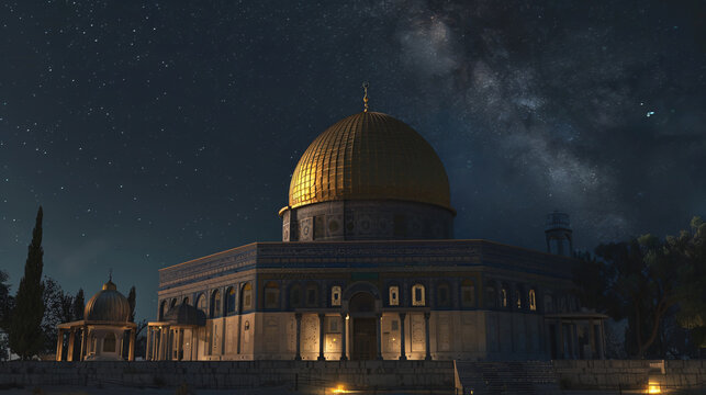 Night view of Mosque Al Aqsa in Palestine, showcasing its architectural beauty and cultural significance under the night sky.