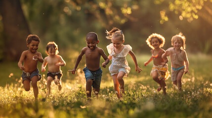 Fototapeta premium A group of five young children are joyfully running through a sunlit meadow. The focus is mainly on the three children in the front who appear to be laughing and enjoying their time together. They are
