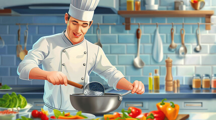 A smiling chef dressed in a traditional white uniform and a tall chef's hat is preparing a meal in a modern kitchen. He is holding a ladle and stirring ingredients in a large pot on the stovetop. The 