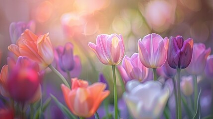 Fototapeta premium Colorful tulips in spring garden with soft focus
