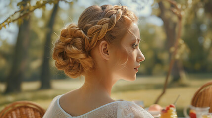 A young woman is shown from the side, seated outdoors in a serene, sunlit park. Her hair is intricately styled in a braided updo. She wears a white, lace garment, adding to the romantic and ethereal f