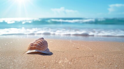 Obraz premium Seashell on sandy beach with ocean waves and sun rays in background