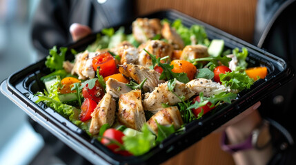 Close up of chicken salad in a black plastic box held in the style of a woman at the gym, depicting a healthy food concept