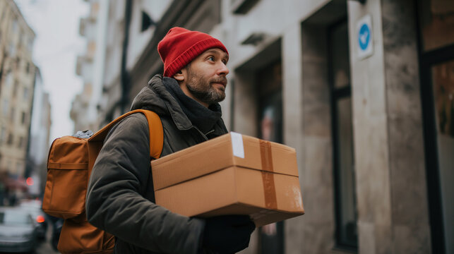 A man with a beard is walking down a city street carrying a large cardboard box. He is dressed warmly, wearing a gray winter coat, a red beanie, gloves, and a gray scarf. He has an orange backpack slu