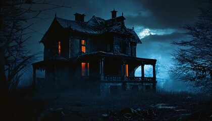 Obraz premium Night view of an old, creepy house in the woods