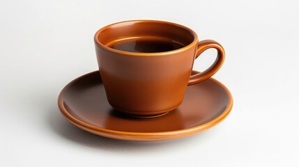 Obraz premium Hot coffee served in a brown cup on a saucer against a white backdrop