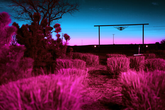 Marfa, Texas sign at night pink blue sky