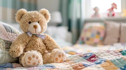 Plush bear with bow tie on colorful quilted bed in cozy room