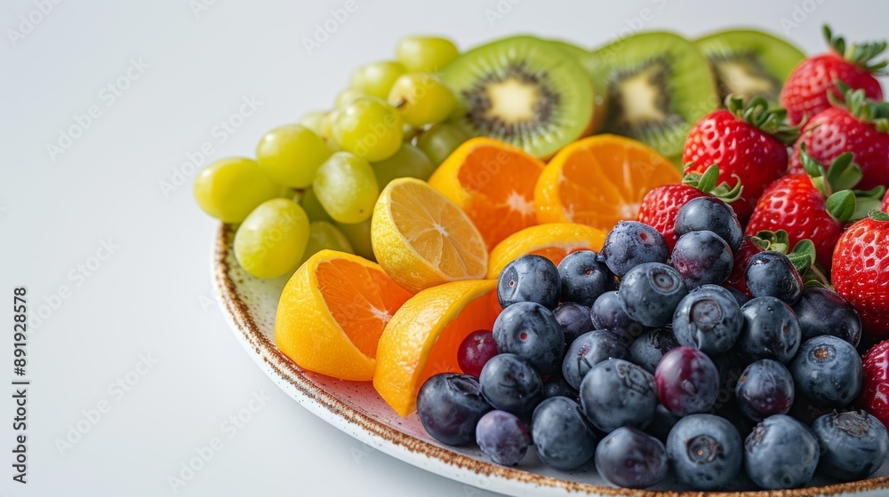 Poster fresh, colorful fruit assortment on a plate with white background, perfect for promoting healthy eating great for design with text