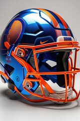 Naklejka premium A vibrant photograph of a football helmet with team logos and colors, bold and dynamic, side view.