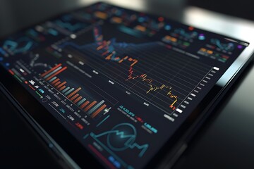 Trading chart and financial graph on tablet screen, dark background, futuristic business analytics, 3D illustration,