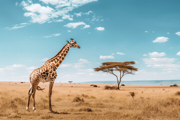 Fototapeta premium A giraffe stands in a grassy savanna with scattered acacia trees under a clear sky