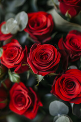 Naklejka premium Romantic Valentine's day bouquet of many red roses gift background wallpaper.