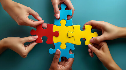 Hands Connecting Colorful Puzzle Pieces on Blue Background, Teamwork Concept, Collaboration, Problem Solving, Unity, Cooperation, Strategy, Partnership, Joining Forces, Building Connections.