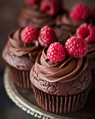 plate of decadent chocolate cupcakes topped with rich chocolate frosting and fresh raspberries. The setting is cozy and inviting, with additional raspberries scattered around the plate