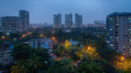 Cityscape with illuminated high-rise buildings and lush greenery at dusk, showcasing an urban environment