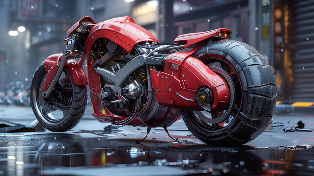 A sleek red futuristic motorcycle parked on a wet urban street with neon lights and rain droplets creating a dramatic atmosphere