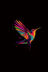 multicolored hummingbird in flight against a dark background. The bird's iridescent feathers display a spectrum of colors, with artistic streaks of light enhancing the dynamic and captivating visual