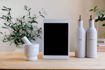 Online recipe, cooking or kitchen essential shopping background.