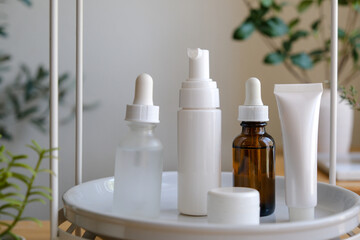 The set of skincare routine product on the. table top for health, wellness and spa concept.
