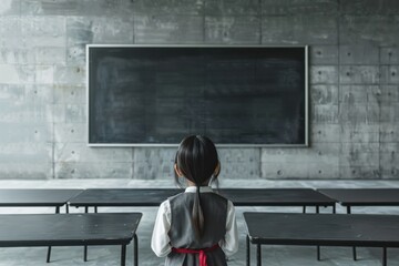 A girl stands in front of a blackboard in a classroom
