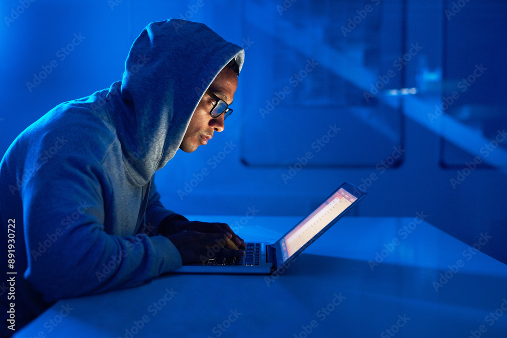 Poster scam, black man or hacker coding on laptop for cybercrime, malware or phishing for stealing online d