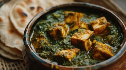 Indian saag paneer with chapattis vegetarian dish