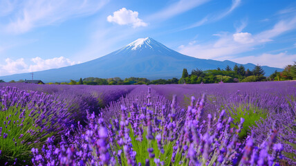 富士山を背景に広がるラベンダー畑