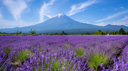 Obraz premium 富士山を背景に広がるラベンダー畑