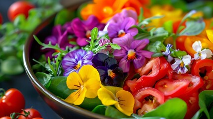a salad bowl with a variety of colorful vegetables and edible flowers, arranged like a vibrant painting