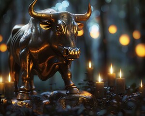 Bronze bull figure, candlestick chart blur, illuminated softly, dark forest bokeh, impressionist painting style,