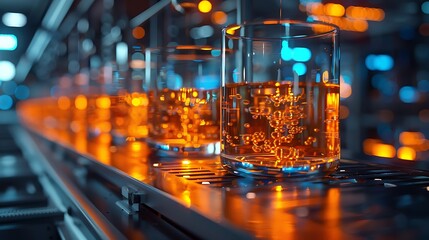 Physical chemistry experiment showcasing the mixture of elements in a futuristic laboratory setting