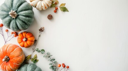 Fototapeta premium Fall themed decor with pumpkins on white background and space for text