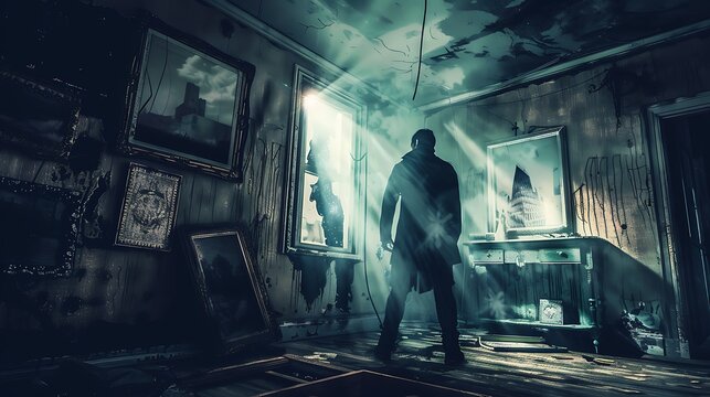 Exploring a haunted house with old furnishings and creepy paintings a ghost hunter's flashlight illuminates strange shadows on the walls creating an eerie and mysterious atmosphere