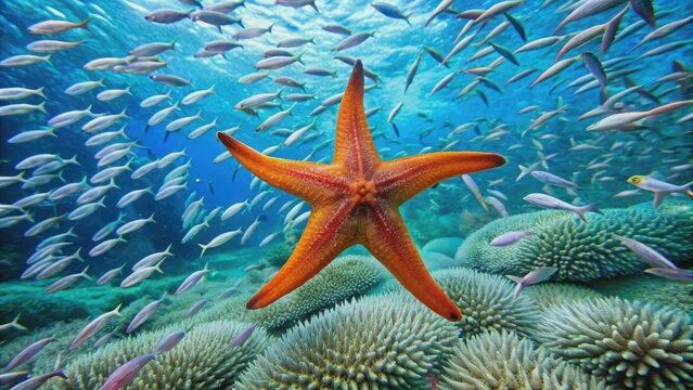 Vibrant orange starfish clings to coral reef, surrounded by schools of small fish, in the crystal-clear turquoise waters of Sipadan Island, Malaysia.