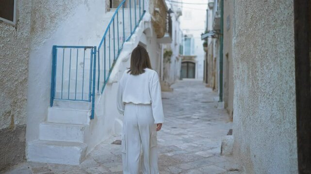 Young woman walking down picturesque streets in polignano a mare, puglia, italy, showcasing historic white buildings and blue accents.