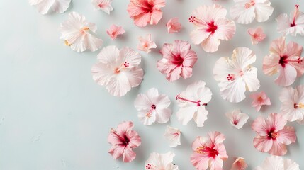 A beautiful arrangement of pink and white hibiscus flowers on a light background, perfect for use in floral-themed designs and projects.