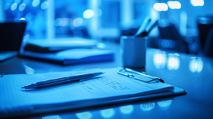 Notepad on a table with a pen before a meeting, featuring a blue tone and providing space for business-related concepts or notes.