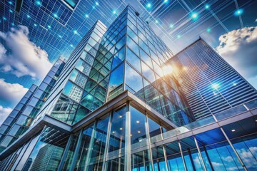 Naklejka premium Modern sleek reflective glass facade of a high-rise business office building with futuristic generative AI-inspired architectural elements against a bright blue sky.