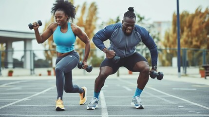 Two athletes are shown actively engaging in an outdoor workout session using dumbbells, each wearing sporty and bright outfits, displaying strength and determination.