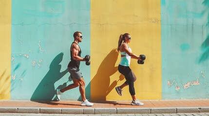 A man and woman working out with dumbbells, performing lunges against a colorful weathered wall, demonstrating strength and fitness together outdoors on a sunny day.