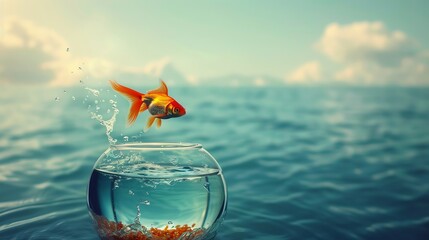 A goldfish makes a leap from a small fishbowl into the expansive ocean, symbolizing freedom, adventure, and escaping limits into a bigger world of possibilities.