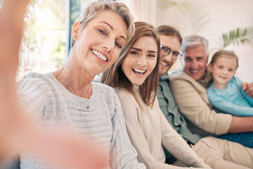 Portrait, smile and family for selfie on sofa for profile picture, social media post or bonding with love in living room. Happy, woman and people with photography, care and support of memory at house