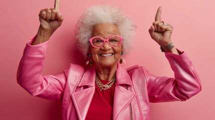 Vibrant elderly person in a pink leather suit and bold accessories showcasing their joyful spirit Stock Photo with copy space