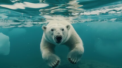 A polar bear swimming towards the camera in the ocean, capturing its determination and strength against a background of icy water, representing the pristine and harsh wilderness.