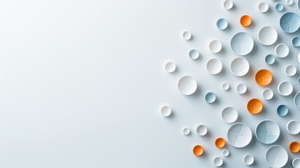 Abstract art with 3D circles of various sizes in white, orange, and blue on a light background. Minimalist design with copy space on the left.