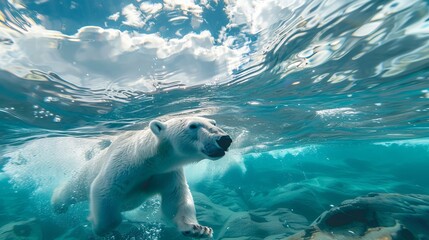 A visually stunning image of a polar bear swimming underwater, captured against the backdrop of a bright sky with clouds, showcasing the tranquility of the natural world beneath the surface.