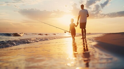 A father and child are fishing on the beach during a beautiful golden sunset, capturing a serene moment of bonding and tranquility by the ocean, with the sky ablaze in colors.