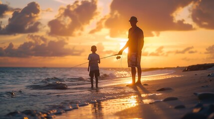 Fototapeta premium A father and son fish together on a tranquil beach, framed by a vibrant sunset sky, embodying the essence of togetherness, teaching, and peaceful moments by the sea.
