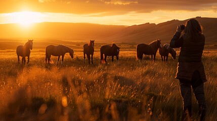 A silhouetted individual captures the beauty of a group of horses in a vast field at sunset, depicting the harmony between humans and nature during a serene moment.